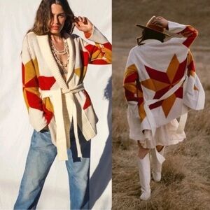 Jen’s Pirate Booty Freedom Star Cardigan Rust Yellow Reversible Holiday Sweater